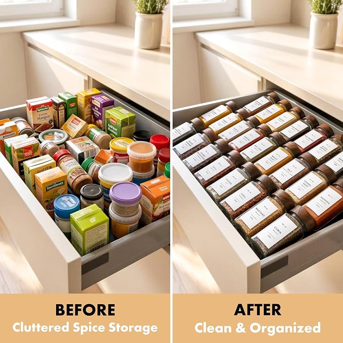 EDELHAUS® Square Spice Jars with Acacia Wooden Lid (Pack of 24) Spice Jars with Shaker Insert and 240 Labels - Acacia Lids Glass Container for Spice Organisation [4.3 in × 1.8 in]