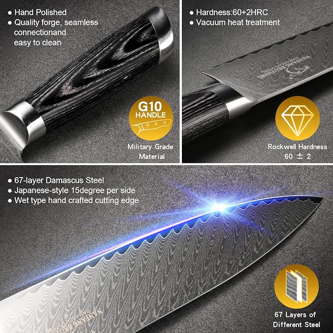 NANFANG BROTHERS Damascus + VG10 Knife,72 Layers, Sharp,Multi-functional,Cooking Utensils,Cutting Meat,Vegetables,Fruits,Home Use,Commercial