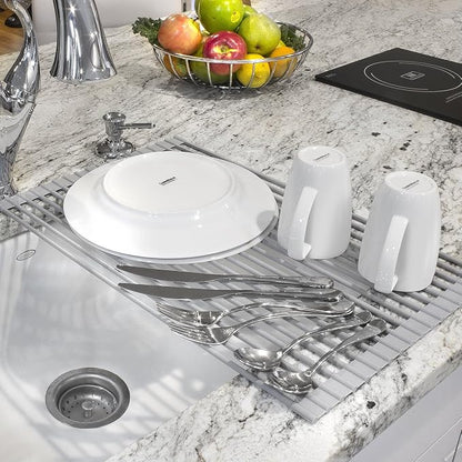 Sorbus Roll-Up Dish Drying Rack [Large 20.5'' X 13"] Over The Sink Drying Mat,- Multipurpose Dish Drainer - Fruits and Vegetable Rinser - Durable Silicone Covered Stainless Steel (Warm Gray)