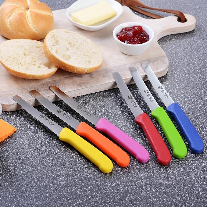 GRÄWE table knife 6 pieces, knife set for cutting, pack of 6 bread knives, breakfast knife with serrated edge on one side, knife 8.3 inch - Colorful