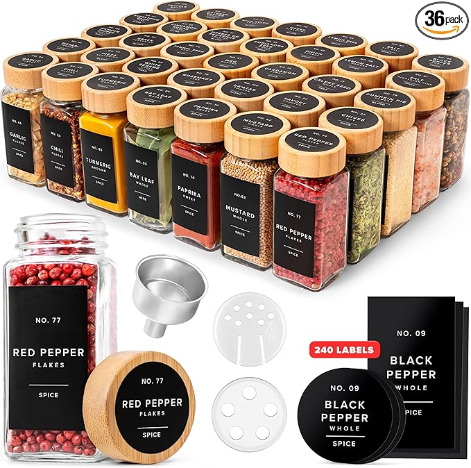 EDELHAUS® Square Spice Jars with Bamboo Wooden Lid (Pack of 36) Spice Jars with Shaker Insert and 240 Labels - Bamboo Lid Glass Container for Spice Organisation [4.3 in × 1.8 in]