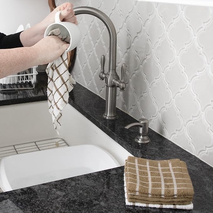 Ritz Terry Check Dish Cloth Set: Highly Absorbent & Super Soft - 100% Cotton, Durable Kitchen Cleaning Cloths for Wiping Tables and Counters, 6-Pack, Mocha