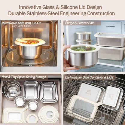 Stainless Steel Food Containers with Glass Lid, Airtight Leakproof Stainless Steel Storage Containers in set of 4, Rectangle Shape, Microwave Safe Food Container Set, 100% Plastic Free, BPA Free