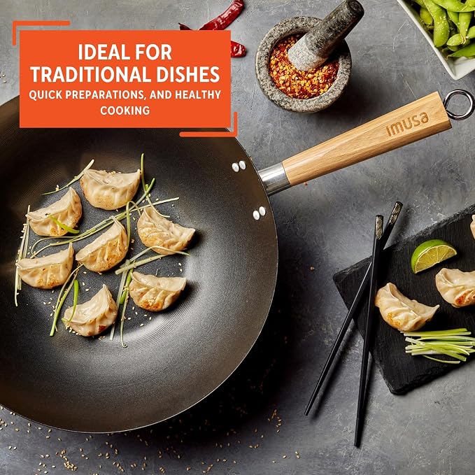 IMUSA 14 inch Carbon Steel Nonstick Wok with Wood Handles - Flat Bottom Wok Pan for Stir Fry, Fried Rice, Asian Cooking and Healthy Meal Preparation - Black Coating