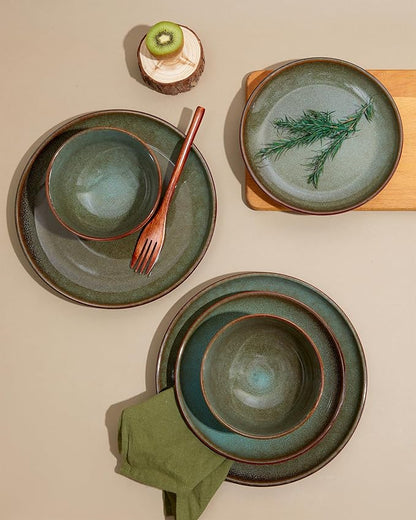 Pokini 32 Piece Double Bowl Dinnerware Sets with Pasta Bowls, Highly Chip and Crack Resistant Plates and Bowls Sets, Natural Earthyware Ceramic Dishware Sets, Service for 8 Brown Green