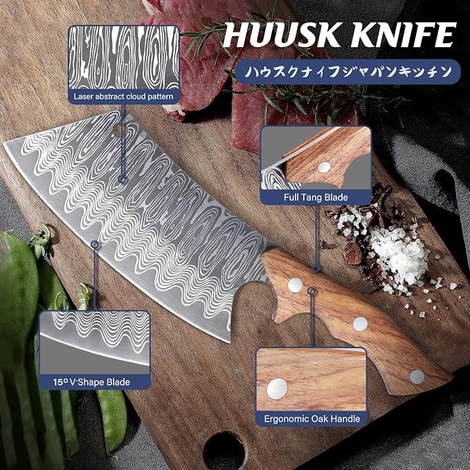 Huusk Hand Forged Meat Cleaver Knife, Japanese Chef Knives with Sheath, Cooking Butcher Knife for Meat Cutting, Vegetable Cleaver for Kitchen, Camping, Gift for Men and Women