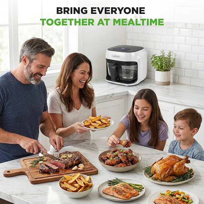 NutriChef Family Size 7.5 Quart Air Fryer | 6 Preset Cooking Modes | Glass Fry Bowl for Best Cooking | 360° Air Circulation | Cook Veggies, Steak, Fries, Seafood, Chicken & More | White
