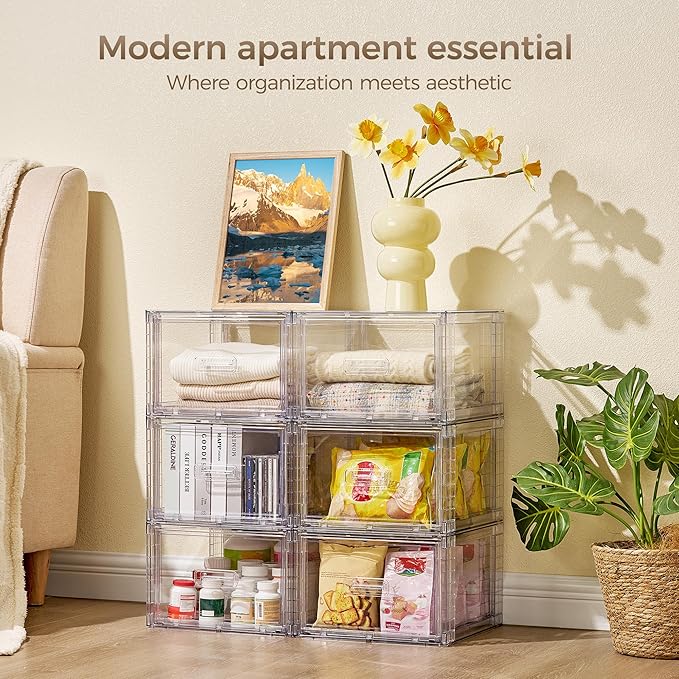 Vtopmart 6 Pack Clear Stackable Storage Bins 15QT, Easily Assemble Bathroom Organizers,Plastic Storage Bins for Kitchen Pantry,Under Sink Organization(Medium)