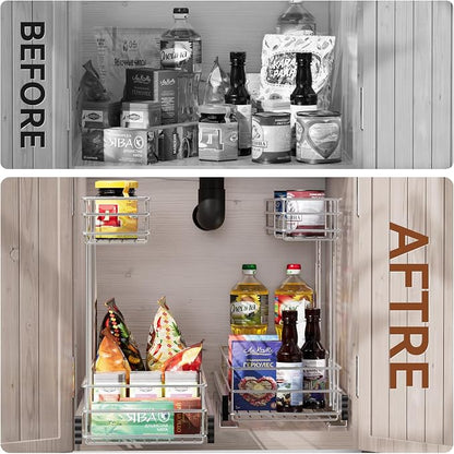 Under Sink Organizer 9"W X18.5"D，Pull Out Cabinet Organizer 2 Tier，Under Sink Slide Out Organizer Chrome Plated, Under Kitchen Bathroom Sink Organizer, Pantry Cabinet Closet Organization Rack, 1 Pack