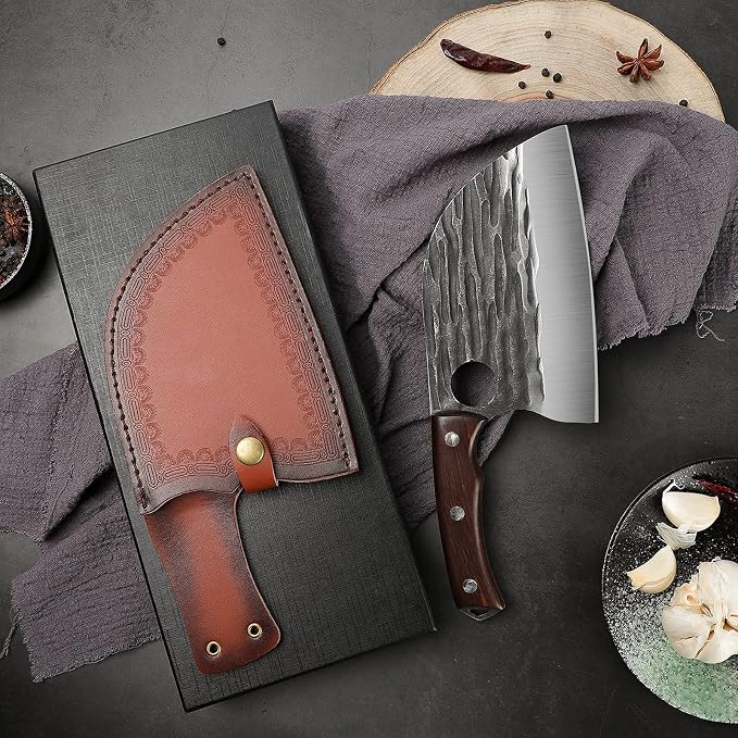 ROCOCO Serbian Chef Knife 6.5" Butcher Knife Japanese Full Tang Boning Chopping Viking Cleaver with Sheath for Kitchen Outdoor BBQ Camping Father Mother Christmas Gift Gift Men