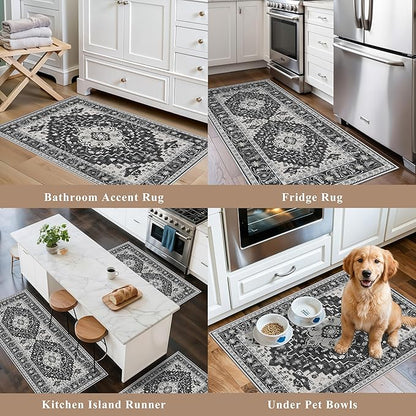 3-Piece Non-Slip Machine Washable Kitchen Rug Set with Runner – Soft Low Pile Thin Boho Kitchen Rugs for Hardwood Floor, Sink & Entryway, Pet-Friendly (Dark Grey, 2x3,2x4,2x5)