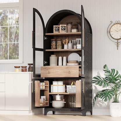 VilroCaz 71" Tall Arched Kitchen Pantry with Glass Doors and a Large Drawer, Farmhouse Kitchen Storage Cabinet with Open & Adjustable Shelves, Cupboard for Dining Room (Black-6.4)