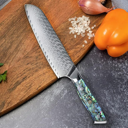 SENKEN Damascus Steel 7" Japanese Santoku Knife with Real Deep-Sea Abalone Shell Handle - Umi Collection - 67-Layer Japanese VG10 Forged Steel Blade, Integrated Full-Tang Molding (7" Santoku Knife)