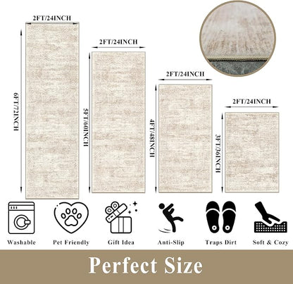 4 Piece Washable Kitchen Rug Set, Non Slip Kitchen Mats for Floor Stain Resistant Waterproof Kitchen Sink Rug Set for Kitchen, Floor, Office(Cream Beige, 2x3+2x4+2x5+2x6)