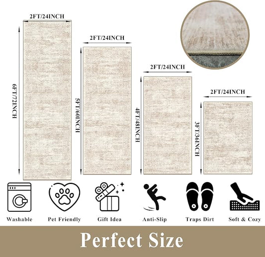4 Piece Washable Kitchen Rug Set, Non Slip Kitchen Mats for Floor Stain Resistant Waterproof Kitchen Sink Rug Set for Kitchen, Floor, Office(Cream Beige, 2x3+2x4+2x5+2x6)