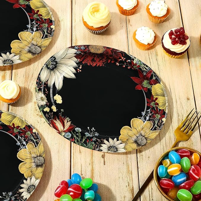 50Pcs Boho Flower Oval Paper Plates 10" x 12" Large Disposable Heavy Duty Black Vintage Floral Dessert Platters for SummerTropical Night Birthday Wedding Bridal Shower Tea BBQ Party Decorations