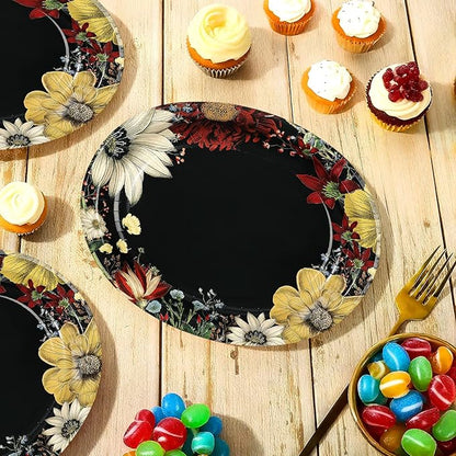 50Pcs Boho Flower Oval Paper Plates 10" x 12" Large Disposable Heavy Duty Black Vintage Floral Dessert Platters for SummerTropical Night Birthday Wedding Bridal Shower Tea BBQ Party Decorations