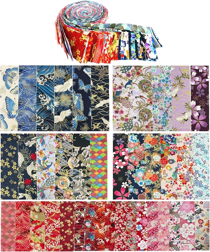 Heavyweight 100% Cotton Fabric Pack, 40 Pcs Japanese Style Precut Strips | 2.6x19.7 Inches for Quilting, Sewing & DIY Projects