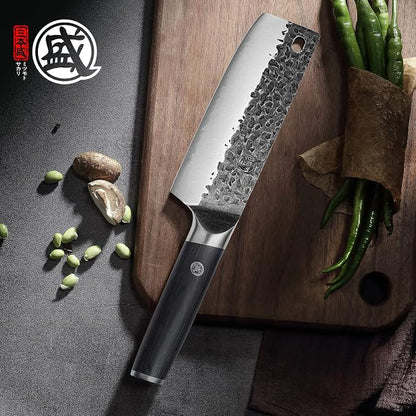MITSUMOTO SAKARI 7-Inch Japanese Nakiri Knife, SKD-11 Steel | Wide 2mm Nakiri blade for vegetable push cuts, 3-layer SKD-11 steel, textured finish, pakkawood handle