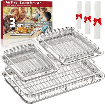 Air Fryer Basket for Oven, 3 Set Stainless Steel Oven Air Fryer Basket and Tray with 90 PCS Parchment Papers, OPENICE Air Fryer Pans and Crisper Tray - 18.7" x 12.8", 15.6" × 11.6" & 12.8" × 9.6"