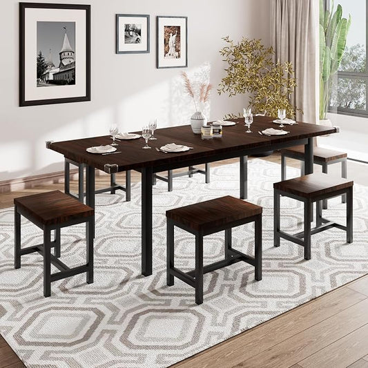 iPormis 7-Piece Dining Table Set with 6 Stools, 63" Extendable Kitchen Table Set for 4-8, Modern Dining Room Table with Sturdy Metal Frame, Space-Saving Dinette, Espresso
