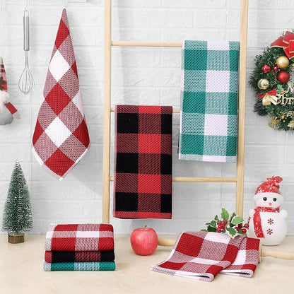 Homaxy 100% Cotton Waffle Weave Check Plaid Kitchen Towels, 13 x 28 Inches, Super Soft and Absorbent Dish Towels for Drying Dishes, 4-Pack, Black & Red