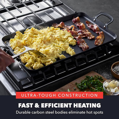 GreenPan x Bobby Flay 18" x 11" Carbon Steel Double Burner Pan, Pre-Seasoned Ready to Use, Induction Compatible, High Heat & Oven Safe Durable Cookware, Cast Iron Alternative