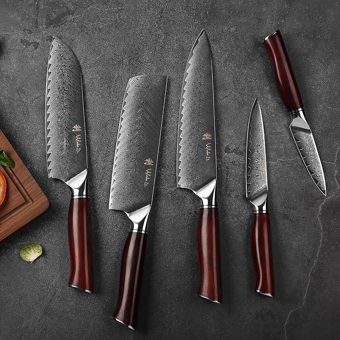 Wakoli Rose Elegance 5-Piece Damascus Knife Block Set, VG10 Core 67-Layer Damascus Steel Kitchen Knives with Magnetic Acacia Wood Block, Ergonomic Rosewood Handles, Gift Box, Hand Wash Only
