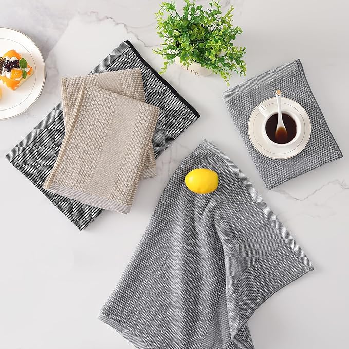 Mordimy Premium Kitchen Towels 12 Pack (18 x 28 Inches, Grey/Khaki/Black), Large Cotton Flat & Terry Kitchen Hand Towel, Super Absorbent Tea Dishtowels Set with Hanging Loop