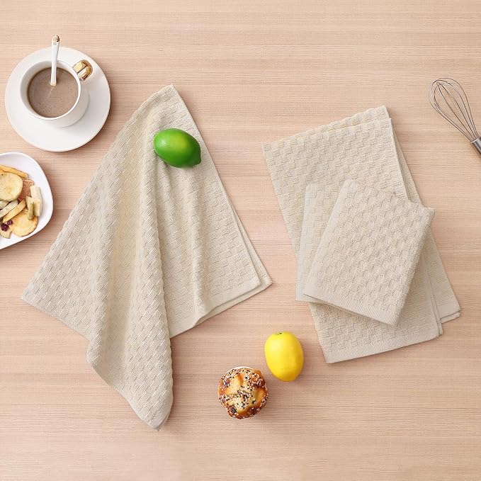 Homaxy 100% Cotton Kitchen Towels and Dishcloths Set, 12 x 12 & 15 x 25 Inches, Set of 12 Bulk Terry Cloth Dish Towels, Super Soft and Absorbent Hand Towel with Hanging Loop, Beige