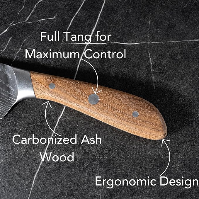 Swiss Diamond Chef Knife Set, German Steel with Carbonized Ash Wood, Full Tang Handle, Damascus Blade Chef Knives Professional Grade, 55+2 Rockwell Hardness, Set Of 5