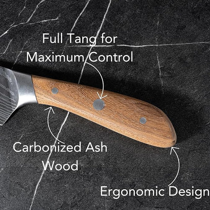 Swiss Diamond Chef Knife Set, German Steel with Carbonized Ash Wood, Full Tang Handle, Damascus Blade Chef Knives Professional Grade, 55+2 Rockwell Hardness, Set Of 5