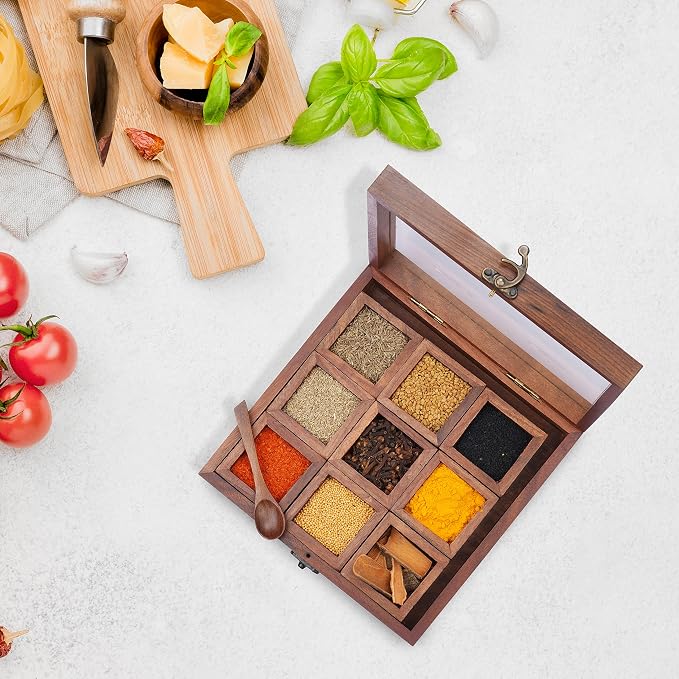 Ajuny Wooden Spice Box 9x9 Inch - Decorative Masala Dabba Organizer with Glass Lid, 9 Compartments & Spoon, Spice Storage Container, Ideal for Seasonings & Herbs, Perfect for Gift