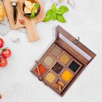Ajuny Wooden Spice Box 9x9 Inch - Decorative Masala Dabba Organizer with Glass Lid, 9 Compartments & Spoon, Spice Storage Container, Ideal for Seasonings & Herbs, Perfect for Gift