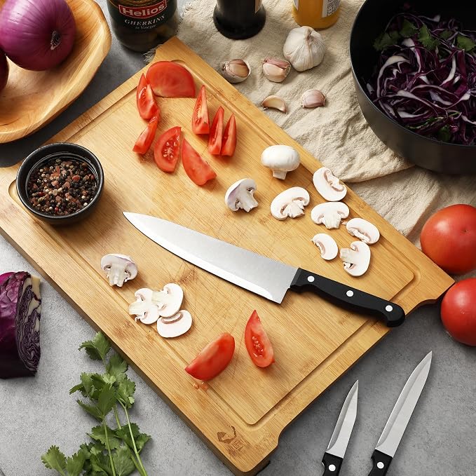 BAMBOO LAND- Kitchen Knife Set, 9 pcs, Stainless Steel Knife Set with Block and Sharpener, Kitchen Knives with Wooden Block