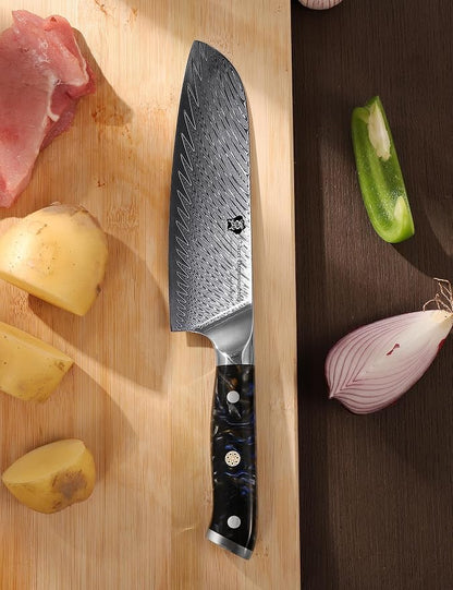 WILDMOK Santoku Knife, 7" Japanese Damascus Forged Kitchen Knife, Professional Chopping Knife, Razor Sharp & Ergonomic Handle Design-Comes in a gift box