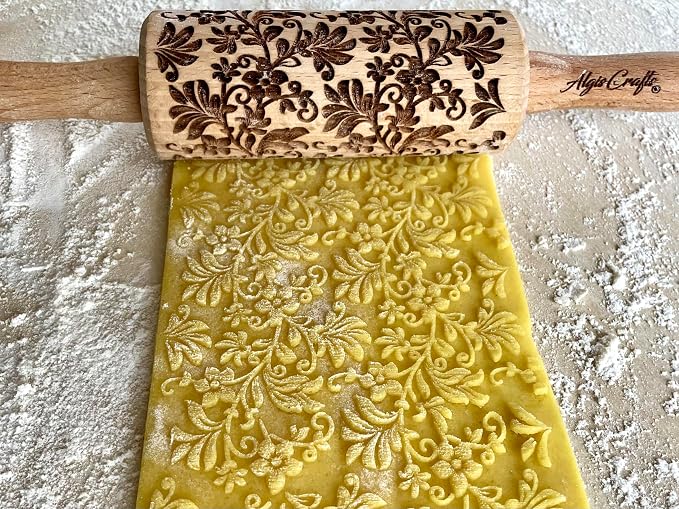 FLOWERS 3 Kid Rolling Pin Set with Damask, Folk and Floral Wreath Patterns. Wooden Laser Cut Mini Rolling Pins for Cookies, Play Dough, Salt Dough or Clay by Algis Crafts