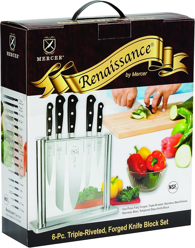 Mercer Culinary M23500 Renaissance 6-Piece Forged Knife Block Set, Tempered Glass Block