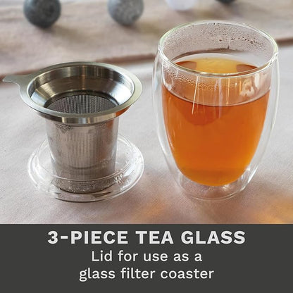 Creano Double Walled Tea Glass with Stainless Steel Filter and Glass Lid - 14oz (400ml)