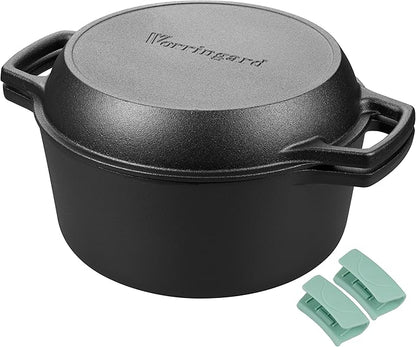 VORRINGARD Pre-seasoned Cast Iron Double Dutch Oven Pot with Skillet Lid, Dual-handle, for Bread Baking, Outdoor, Campfire Cooking, 5 Quart