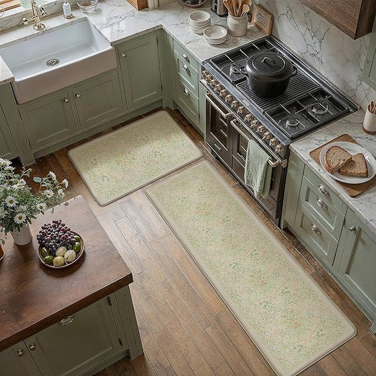 Kitchen Mats for Floor Thick Anti Fatigue Waterproof Vintage Spring Floral Kitchen Rugs 2PCS Cushioned Non Slip Green Comfort Standing Mats for Sink Laundry Office 17.3"×59"+17.3"×30"