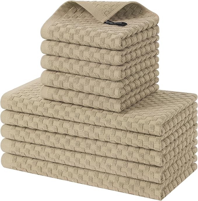 Homaxy 100% Cotton Kitchen Towels and Dishcloths Set, 12 x 12 & 15 x 25 Inches, Set of 10 Bulk Terry Cloth Dish Towels, Super Soft and Absorbent Hand Towel with Hanging Loop, Tan