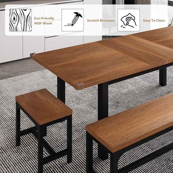 iPormis 5-Piece Dining Table Set for 4-8 People, Extendable Kitchen Table Set with 2 Benches and 2 Square Stools, Mid-Century Dining Room Table with Metal Frame & MDF Board, Saving Space, Walnut