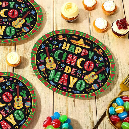 50Pcs Cinco De Mayo Oval Paper Plates 10" x 12" Large Disposable Heavy Duty Mexican Fiesta Paper Platters Black Mexico Taco Fiesta Dessert Plates for Mexican Cinco De Mayo Festive Party Supplies