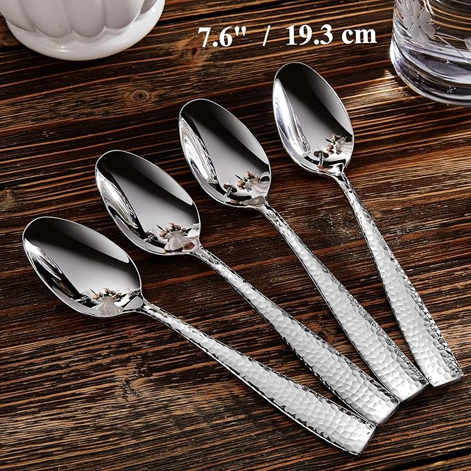 KEAWELL Premium 4-Piece Louis Hammered Spoons Set, 18/10 Stainless Steel, Set of 4, Fine Spoon Set with Squared Edge, Dishwasher Safe (7.6" Dinner Spoon)