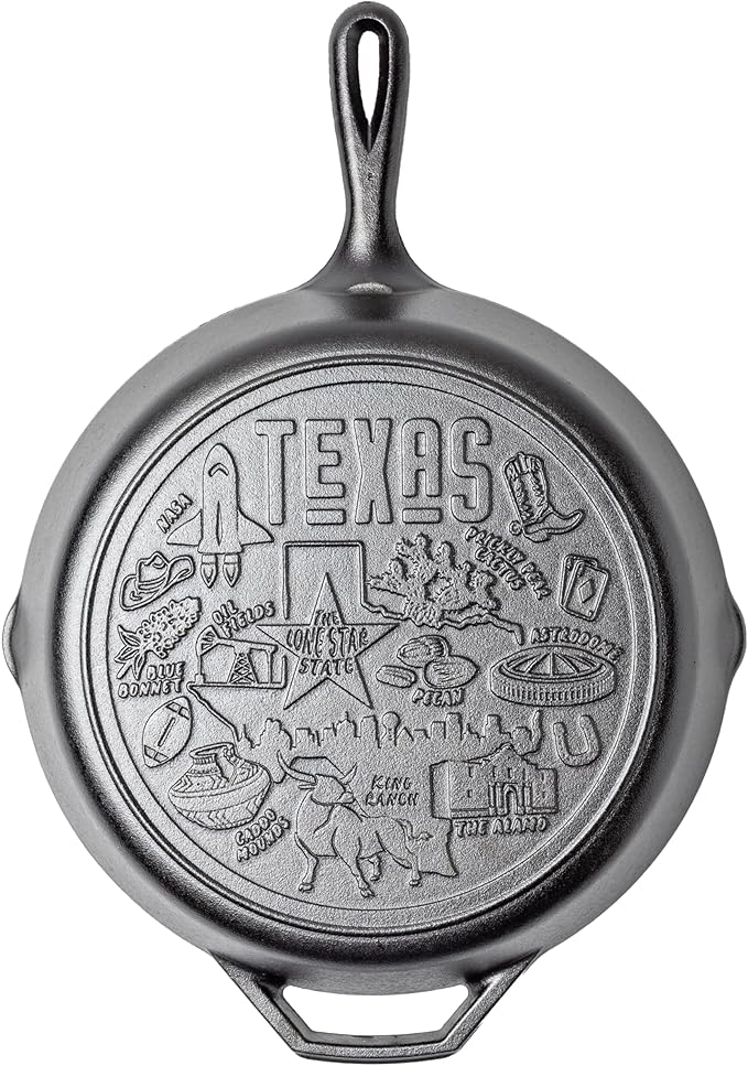 Lodge 12 Inch Cast Iron Skillet – Pre-Seasoned Frying Pan with Teardrop Handle – Oven, Stovetop, Grill & Campfire Use – Made in USA – Non-Toxic, Even-Heating Cookware – Texas