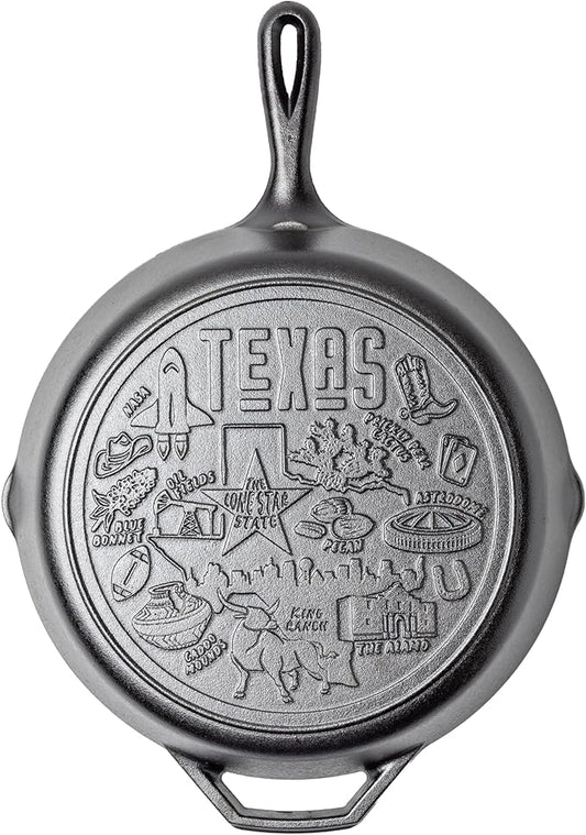 Lodge 12 Inch Cast Iron Skillet – Pre-Seasoned Frying Pan with Teardrop Handle – Oven, Stovetop, Grill & Campfire Use – Made in USA – Non-Toxic, Even-Heating Cookware – Texas