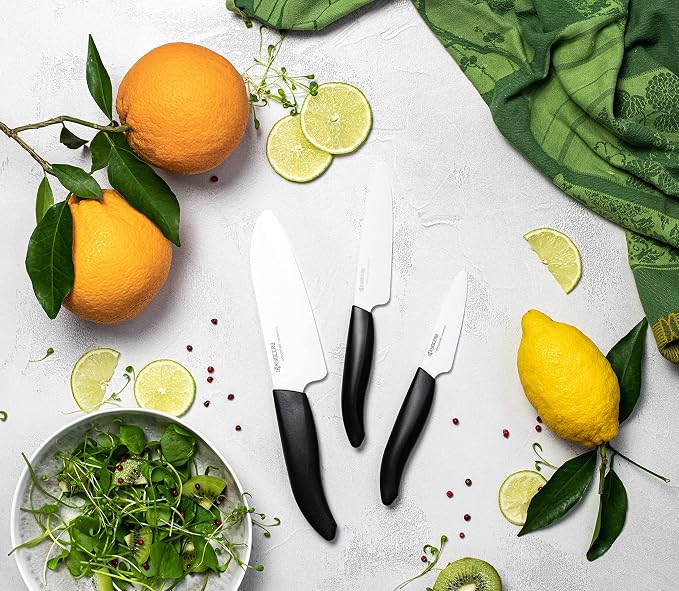 Kyocera Advanced Ceramics – Revolution Series 3-Piece Ceramic Knife Set: Includes 6-inch Chef's Knife; 5-inch Micro Serrated Knife; and 3-inch Paring Knife; Black Handles with White Blades