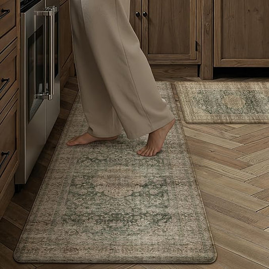Vintage Kitchen Mats for Floor Anti Fatigue Waterproof Kitchen Rugs Sets of 2 Green Brown Cushioned Non-Slip Kitchen Mats Comfort Standing Mat for Sink Laundry Office 17.3"×47"+17.3"×30"