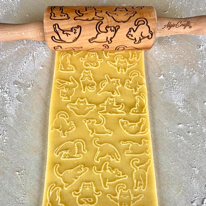 CATS 3 Mini Embossed Rolling Pin Set – Wooden Laser-Engraved Textured Rolling Pins for Cookies, Modeling Clay, Ceramics – Various Cat Patterns by Algis Crafts
